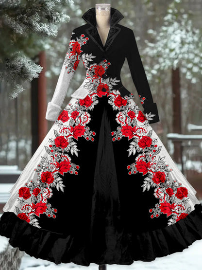 Retro-Blumen kunst bedruckt Vintage Elegantes Revers V-Ausschnitt mit Knöpfen Doppel-Saum Langarm-Midi kleid