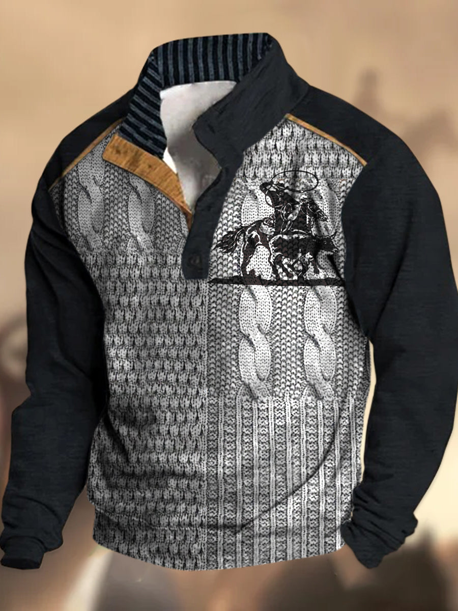 Cowboy-Textur-Muster gedruckt Western Village Jagd Logo Knopf V-Ausschnitt Outdoor Dickes Sweatshirt