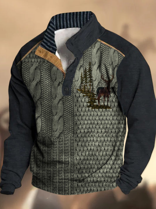 Cowboy-Textur-Muster gedruckt Western Village Jagd Logo Knopf V-Ausschnitt Outdoor Dickes Sweatshirt