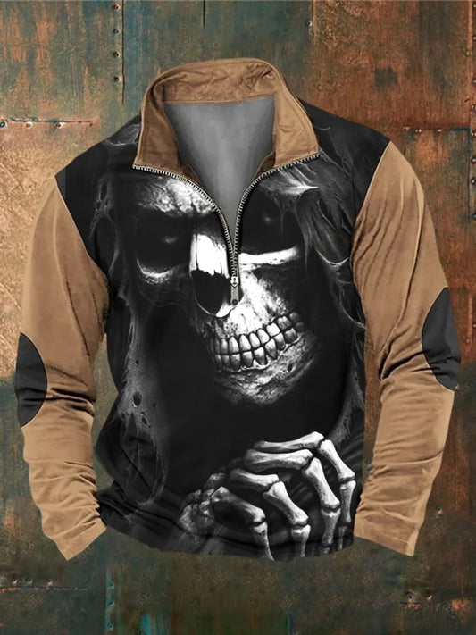 Herren Retro Punk Kunstdruck Design V-Ausschnitt Reiß verschluss Langarm Pullover Sweatshirt