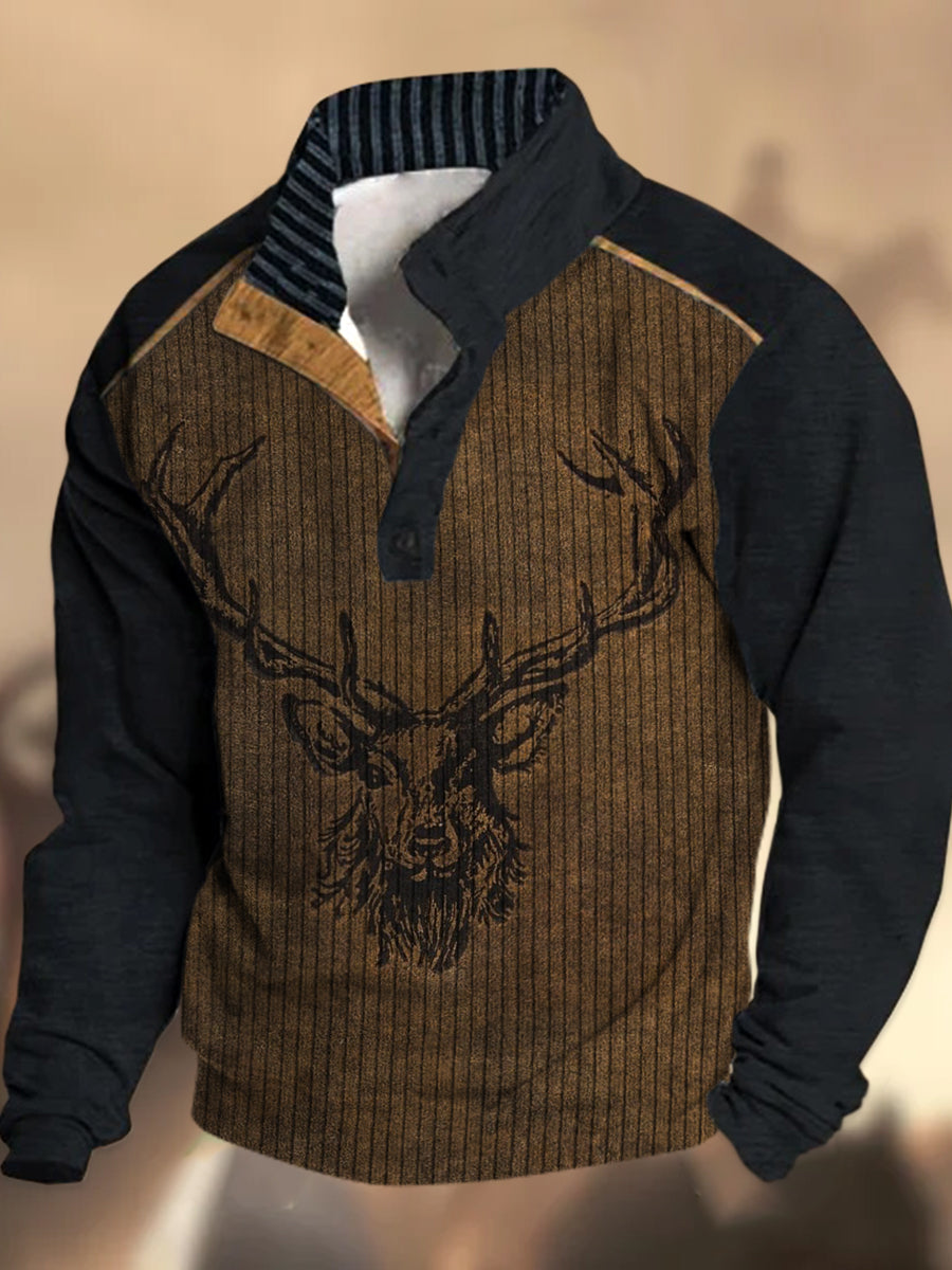 Cowboy-Textur-Muster gedruckt Western Village Jagd Logo Knopf V-Ausschnitt Outdoor Dickes Sweatshirt