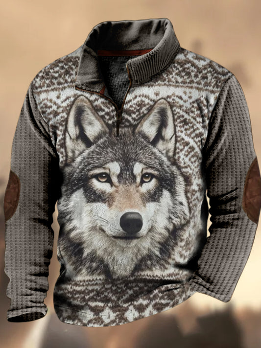 Dämon Wolf Textur Muster gedruckt Western Village Jagd Logo Reiß verschluss Outdoor Dickes Sweatshirt