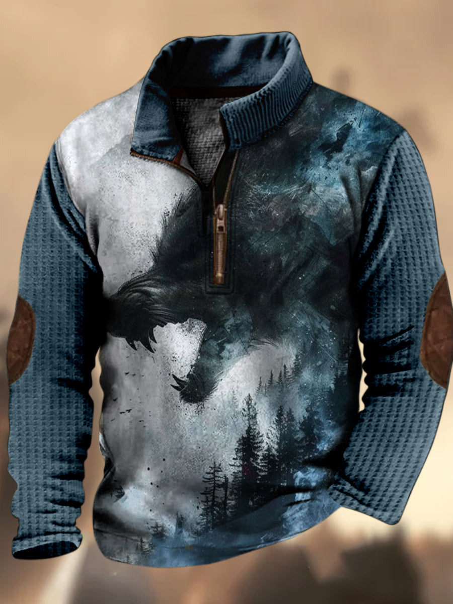 Dämon Wolf Textur Muster gedruckt Western Village Jagd Logo Reiß verschluss Outdoor Dickes Sweatshirt