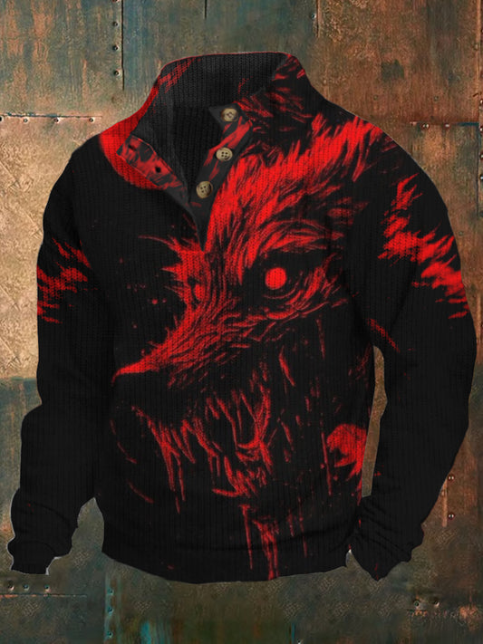 Herren Mode Dark Art Print V-Ausschnitt Knopf Langarm Pullover Top