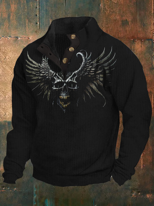 Herren Mode Dark Art Print V-Ausschnitt Knopf Langarm Pullover Top